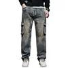 Versatile retro jeans for men, loose and nostalgic multi pocket straight leg denim pants, hip-hop workwear pants 3
