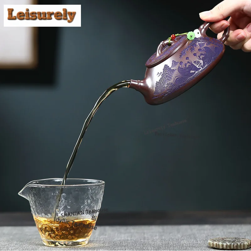 260ml Yixing Purple Clay Teapot Handmade Panda Stone Scoop Pot Raw Ore Stone Red Mud Tea Infuser Kettle With Filter Zisha Teaset