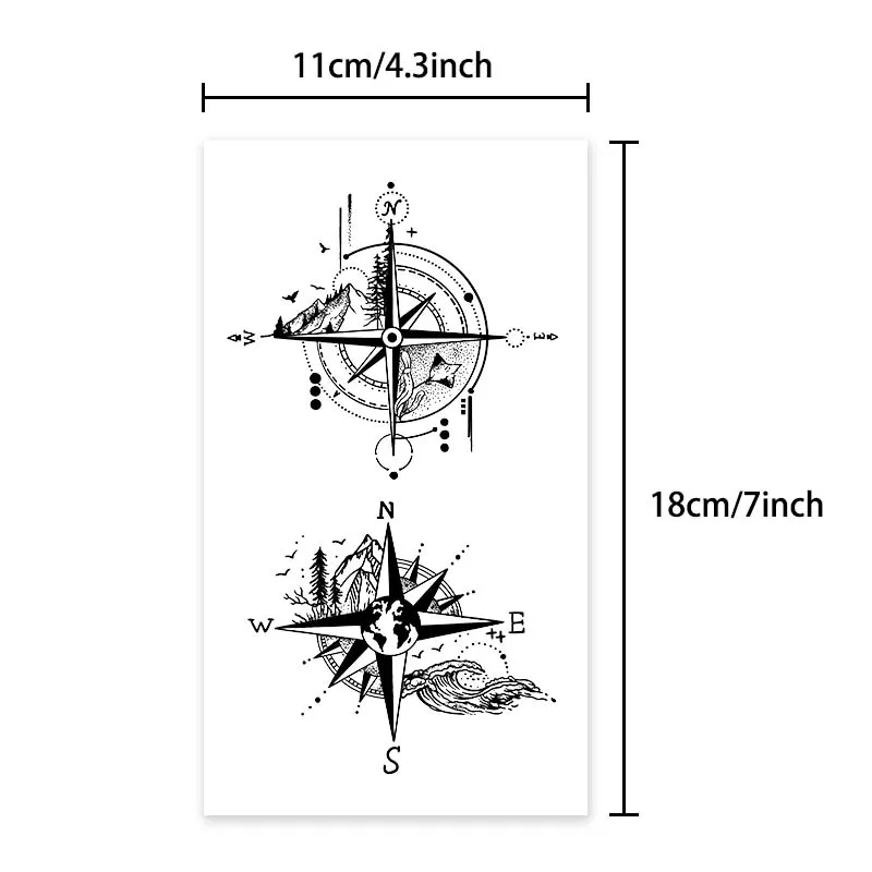 Compass and Mountains Waterproof Temporary Tattoo, Long-Lasting, Realistic Fake Tattoo for Men and Women 4