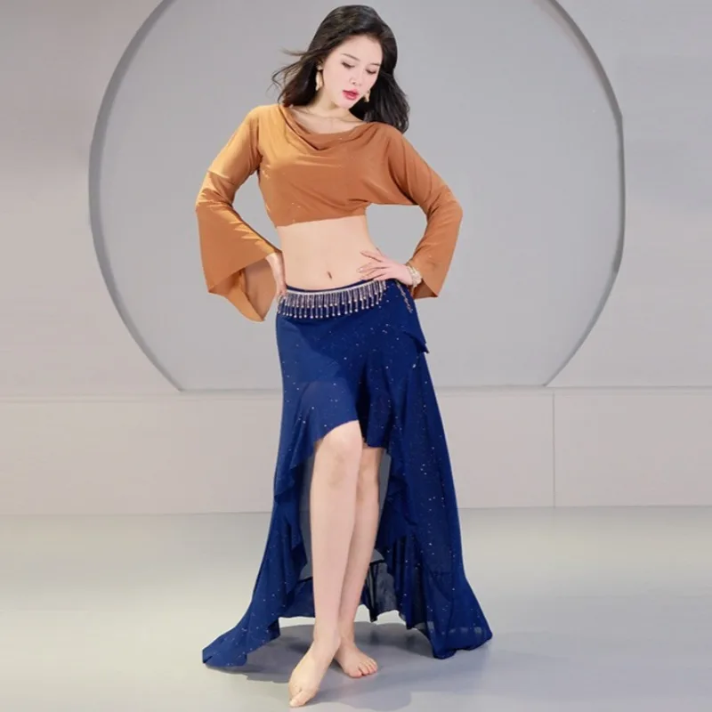 Sexy Belly Dance Costume New Mesh Practice Outfit Oriental Performance Wear Flared Sleeve Slimming Set