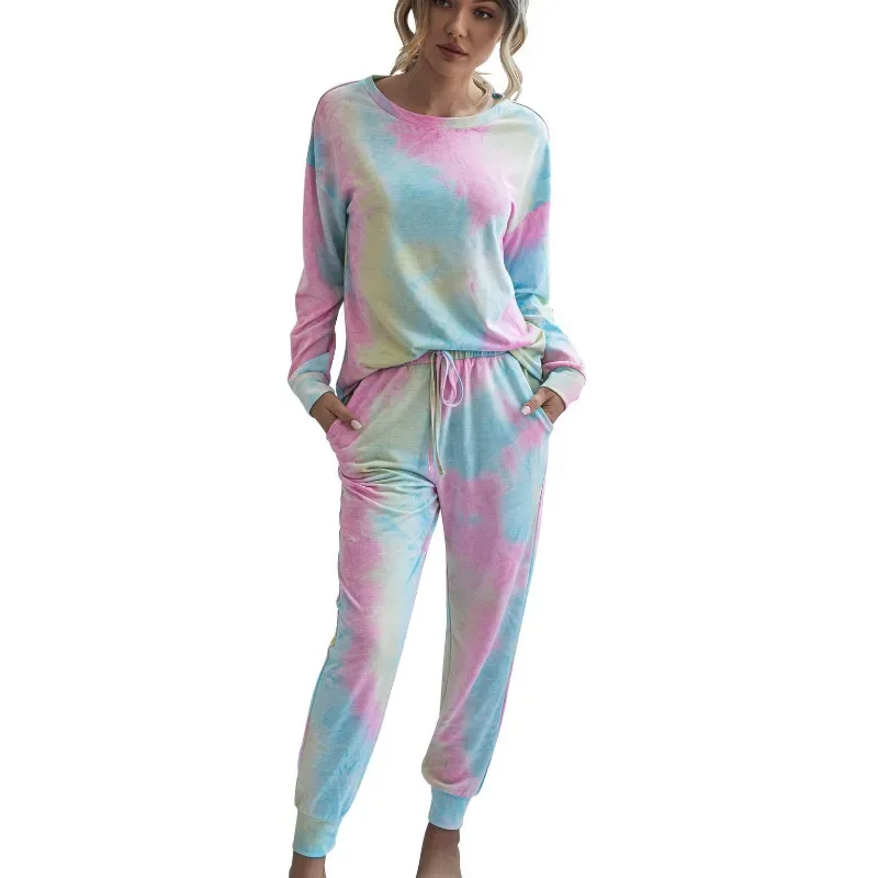 Womens Tie Dye Printed Long Sleeve Tops and Pants Long Pajamas Set Joggers PJ Sets Nightwear Loungewear