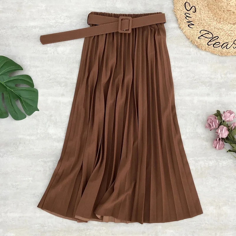 midi skirt PEONFLY New Women Fashion Belt Solid Color Pleated Midi Skirts Faldas Mujer Ladies Elegant High Waist Retro Casual Skirts golf skirt Skirts