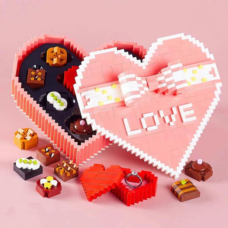 

Wedding Love Heart Chocolate Pink Bow Star Storage Box Model Building Blocks Brick Set Toy for Girlfriend Valentine's Day Gift