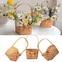 Hand Made Flower Basket Portable Handle  Basktes Organizer  Wicker Rattan Storage Box Kitchen Outdoor Pincnic Food Basket 1