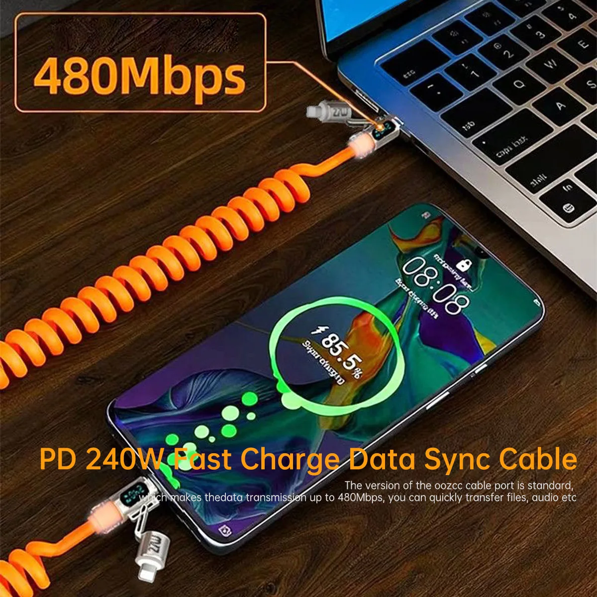 240W LCD 다이나믹 디스플레이 고속 충전 케이블 4 in 1 코일형, 타입 C 접이식 차량용 케이블 (아이폰 8-17, 삼성 갤럭시 S25/S24 호환)
