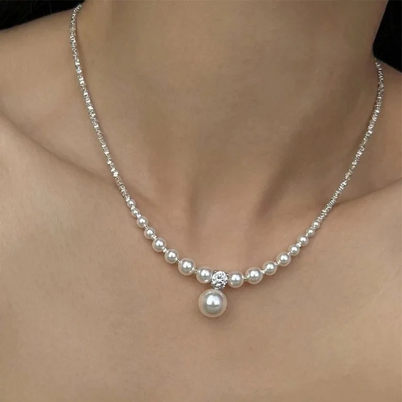 

Minar Elegant CZ Cubic Zirconia Simulated Pearl Beaded Necklace Shiny Silver Water Wave Chain Chokers Necklaces for Women Gifts