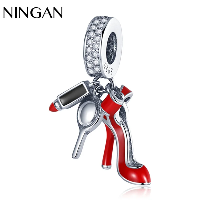 

NINGAN 925 Sterling Silver Charm Red High Heels Shoes Lipstick Pendant Fashion Dangle Charms for Women Bracelet Bangle