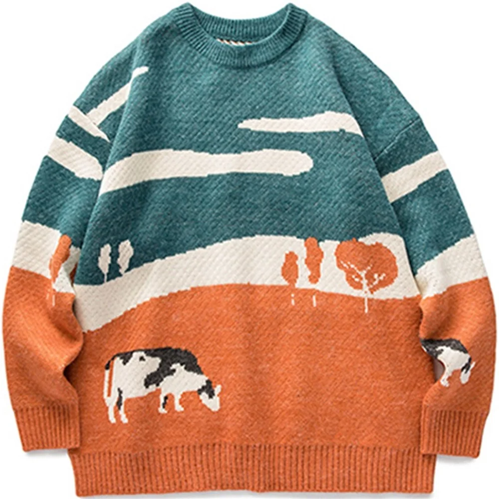 

Men Cows Vintage Winter Warm Daily Knitwear Pullover Male Korean Fashions O-Neck Sweater Women Casual Harajuku Clothes