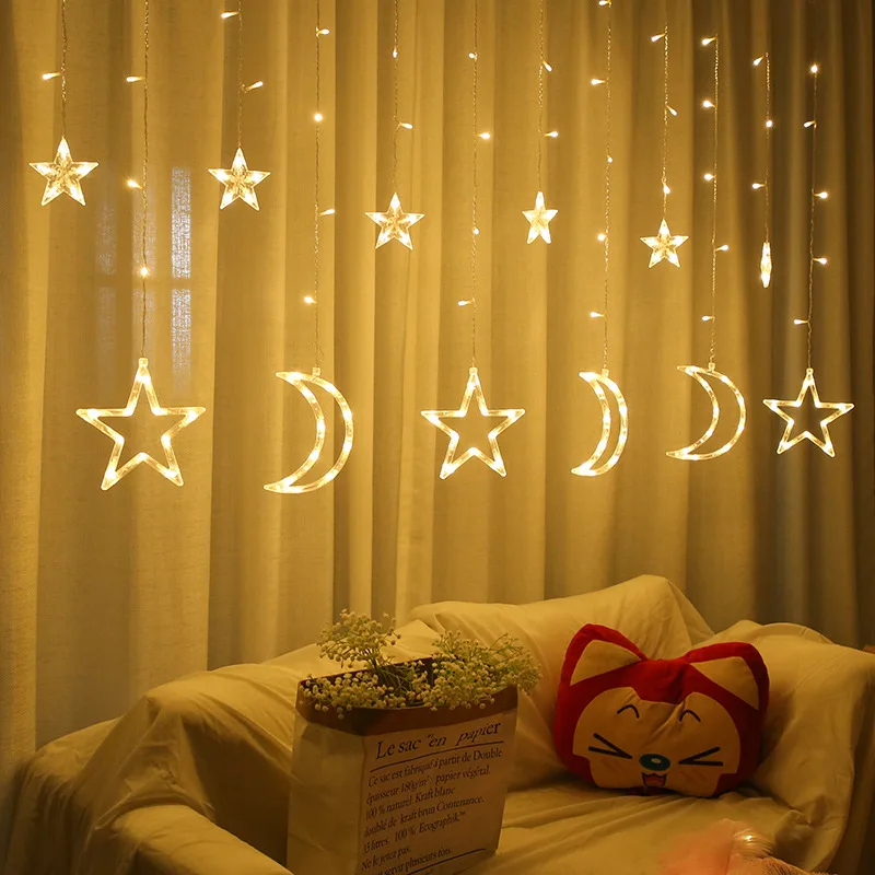 

220V Star Moon LED String Lights Decorations for Home Room Curtains Lamp Fairy Outdoor Decor Holiday Lighting Party Eid Mubarak