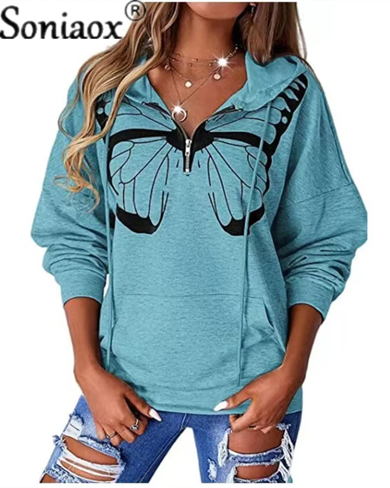 2022 Autumn Winter New Womens Stitching Butterfly Print Hooded Zipper V-Neck Drawstring Loose Fashion Casual Winter Sweatshirts