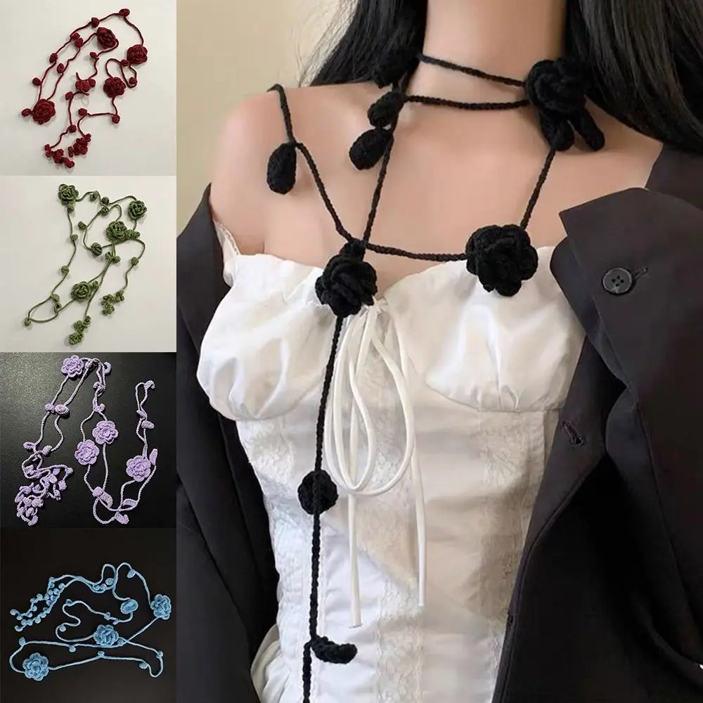 Creative Multicolor Y2k Rose Necklace Long Scarf Crocheting Rose Flower Neck Chain Decoration Accessories Rose Scarf Girl