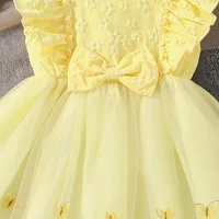 Robe pour filles jaune col rond manches volantes Tulle nœud papillon 8-12 ans été élégant Style doux robe de princesse enfants vêtements 5