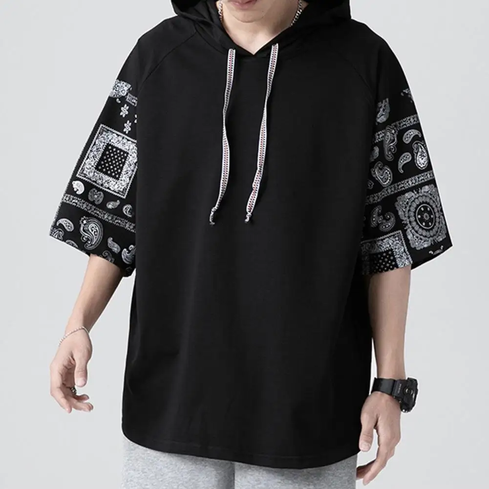 Printed Sleeve Hoodie Stylish Men's Summer Hoodie with Drawstring Short Sleeves Patchwork Design Wear Top for A Comfortable Look