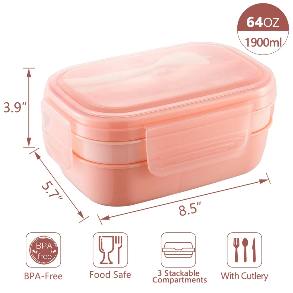 Bento Box Adult Lunch Box, 3 Stackable Bento Lunch Containers for Adults/Kids, 3 Layers All-in-One Bento Box with Utensil, Size: 8.5 x 5.7 x 3.9