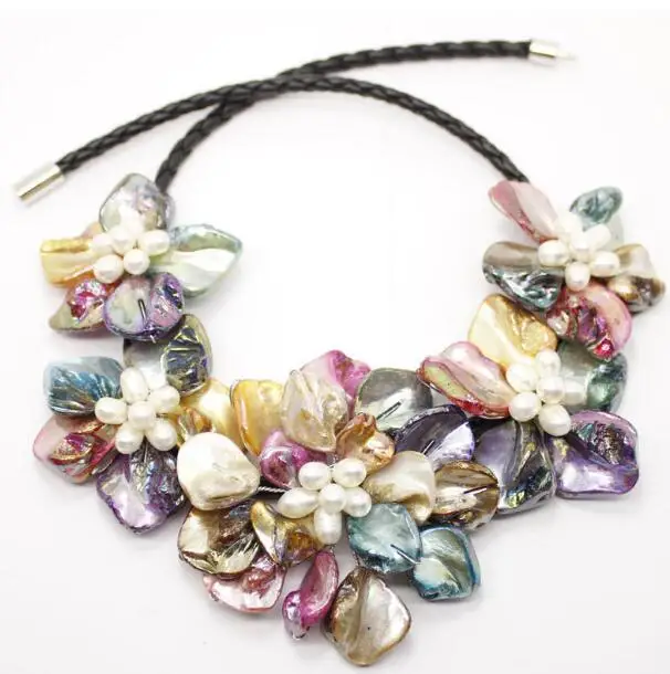 Jewelry Pearl Necklace  natural white pearl & Multicolor shell pearl 5 flower pendant necklace long 18inch