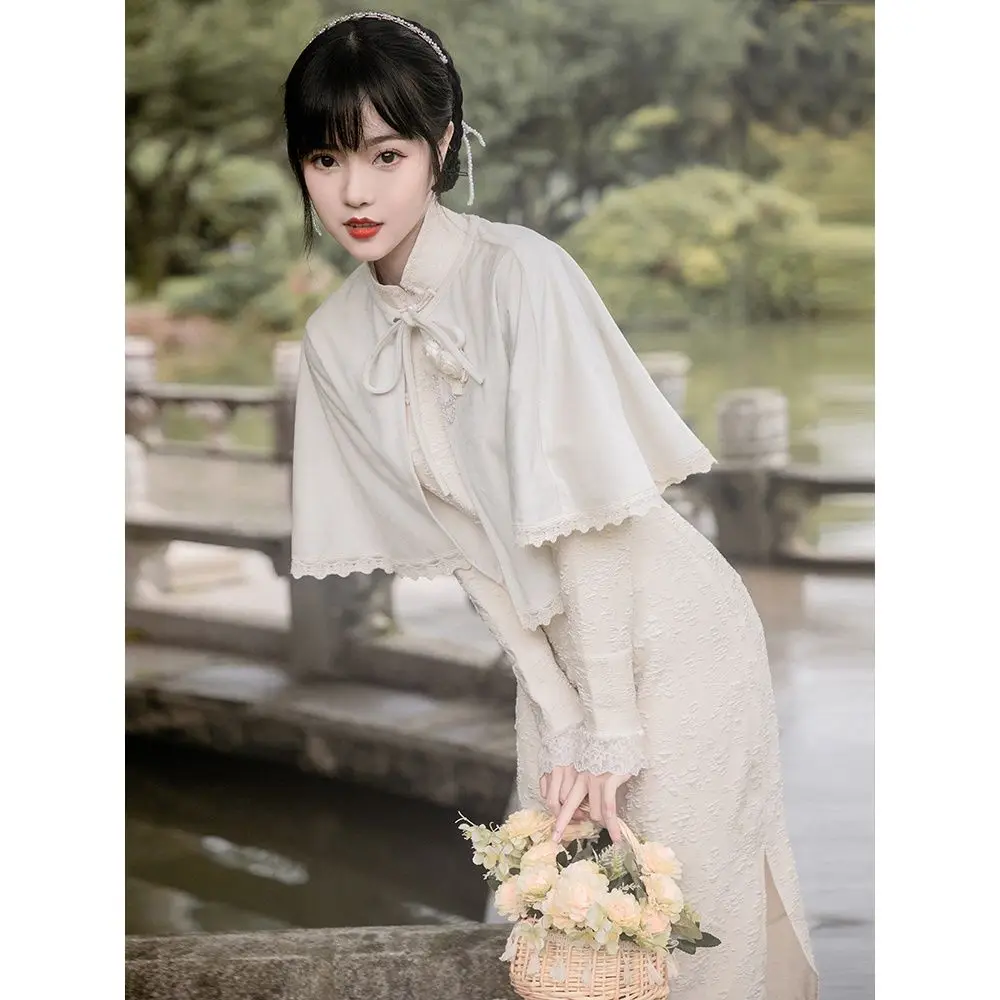 

2023 chinese traditional dress qipao lady vintage cheongsam oriental evening dress vestido long sleeve white cheongsam dress