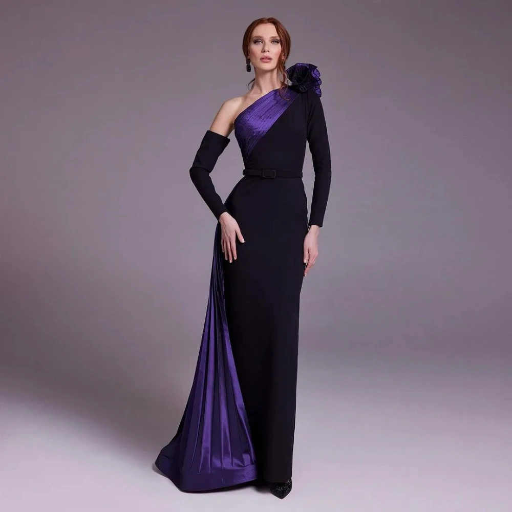 

Elegant Evening Dress Purple Black One-Shoulder Mermaid Long Sleeves Prom Gowns Floor-Length Simple Satin فساتين مناسبة رسمية