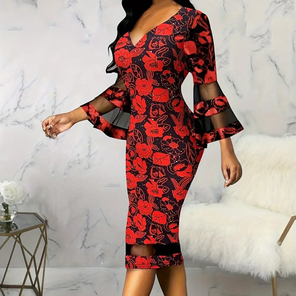 

V-neck Dress Flower Printed V Neck Mesh Patchwork Midi Dress for Women with Three Quarter Sleeve Slim Fit Knee Length Sheath