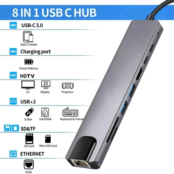 8 in 1 USB C Hub Type C to 4K HDTV Adapter with RJ45 SD/TF Card Reader Fast Charger for MacBook Notebook Windows Laptop Computer 5