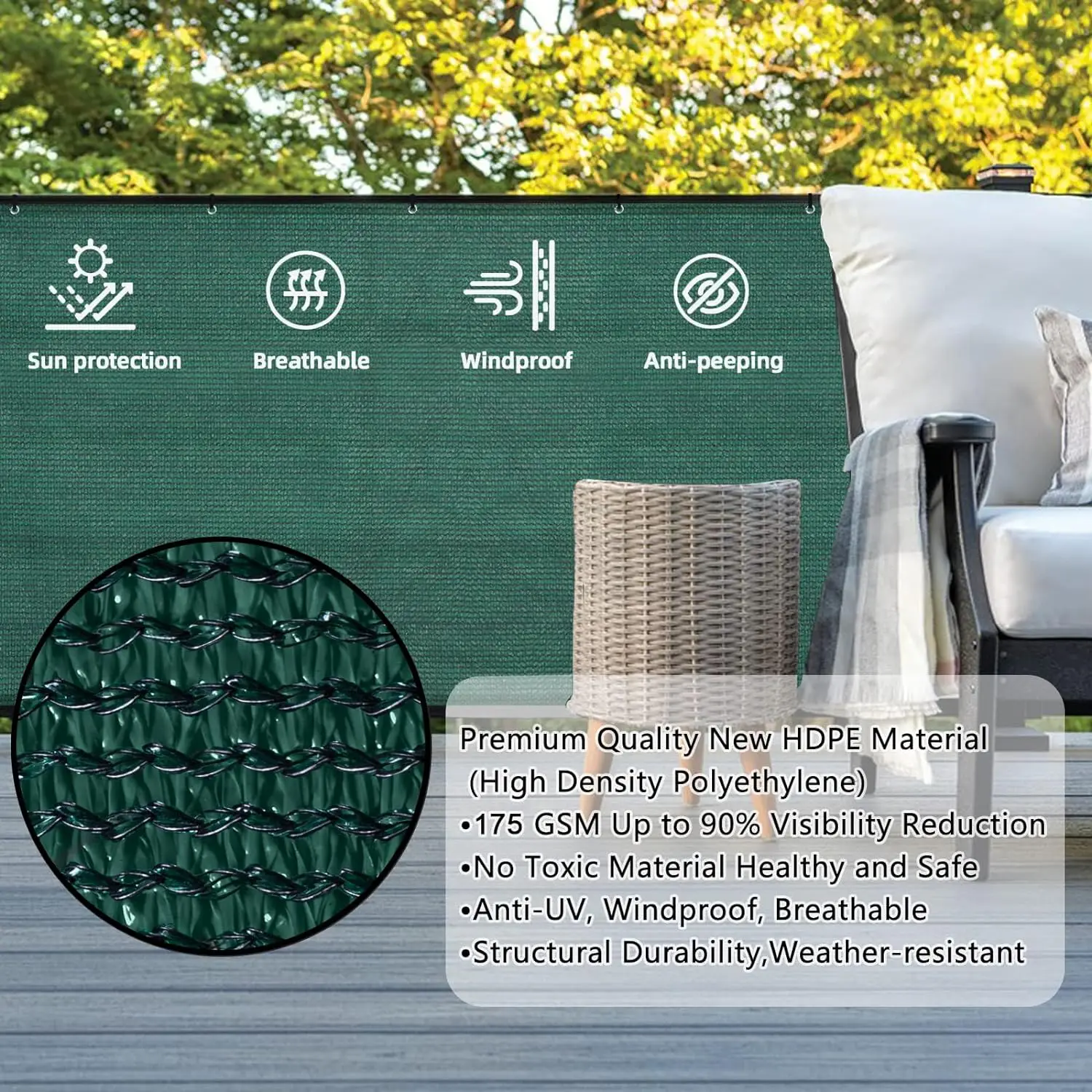 3'x10' Dark Green Balcony Privacy Screen Fence Windscreen Cover Fabric Shade Netting Mesh Cloth with Grommets UV Protection