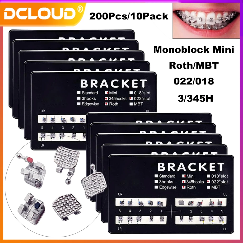 200 PCS/10 แพ็คทันตกรรมวงเล็บโลหะจัดฟันวงเล็บรั้ง Monoblock MINI Roth/MBT 022/018 3/345H ทันตกรรม Ortho วัสดุ 1