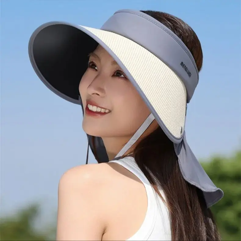 업그레이드된 대형 챙 할로우 탑 빨대 모자, 여성용 여름 햇빛 가리개, 야외 UV 타이 포니테일 자외선 차단 모자