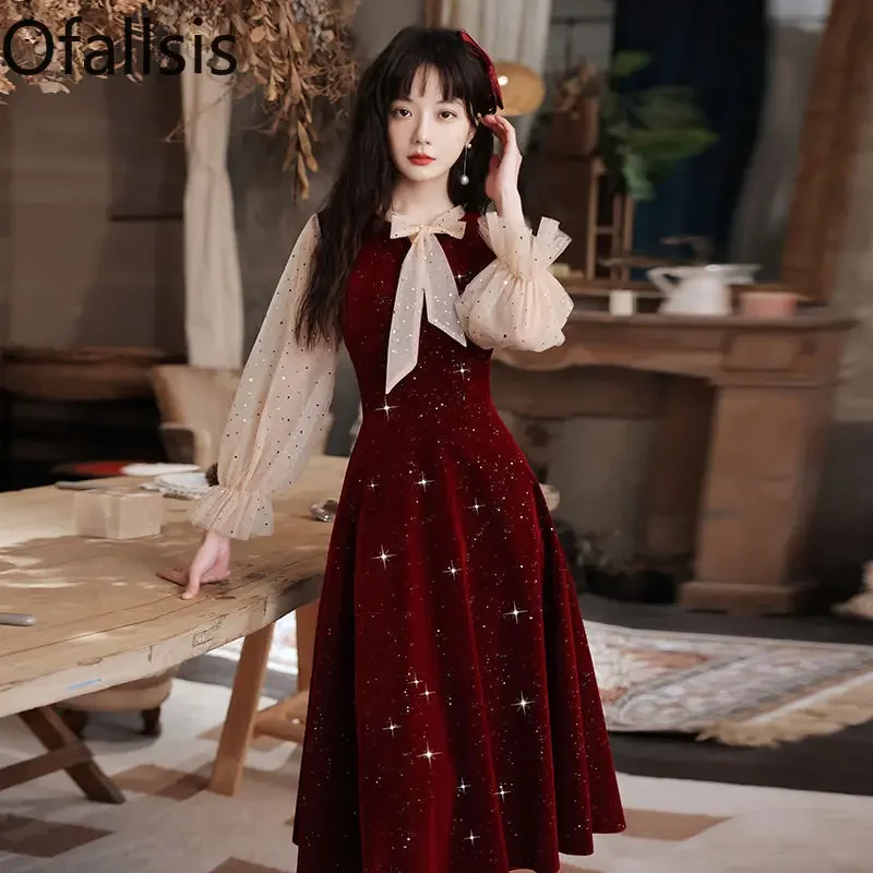 

Ofallsis Wine Red Bowknot Cocktail Party Dress 2023 Autumn New Vintage Retro Wedding Engagement Casual Evening Dresses Female