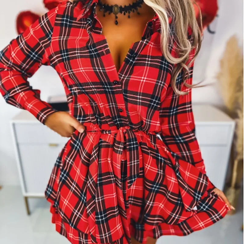 

2024 Spring Summer New Red for Women Plaid Lapel Long Sleeve Shirt Casual Dress