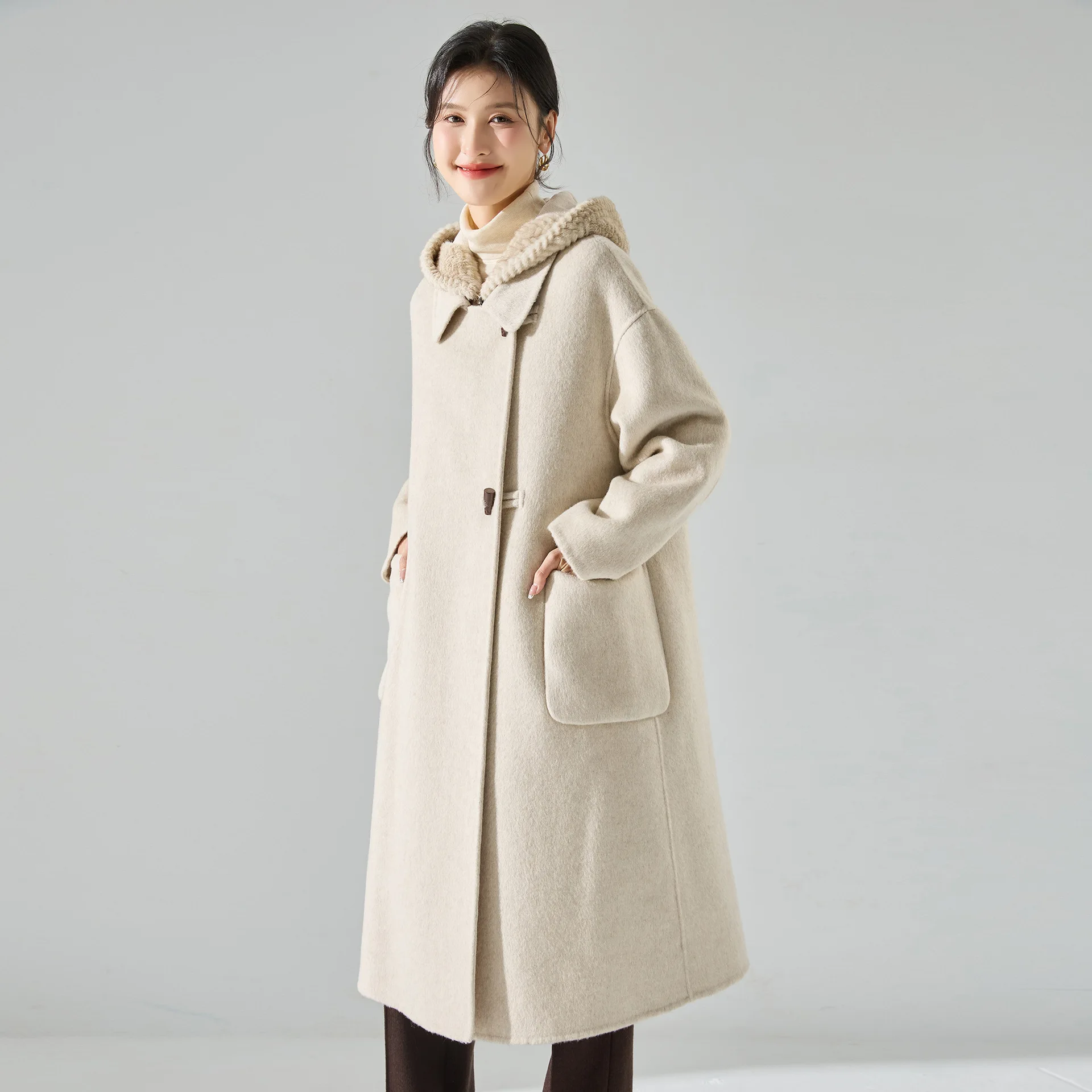 

Winter Silk And Wool Double-Sided Woolen Coat With Detachable Down Inner Lining And Imitation Mink Fur Two-Piece Coat Set 15515