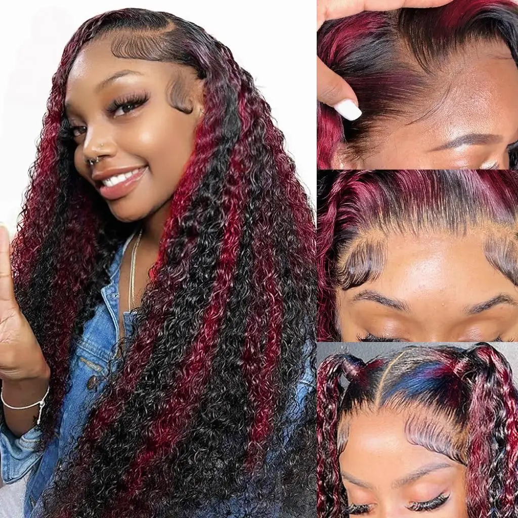 13x4 podkreśla czerwone koronkowa peruka na przód ludzkie włosy Ombre burgundowe peruki ludzkie włosy dla kobiet wstępnie oskubane kolorowe peruki z kręconymi włosami z głębokimi falami