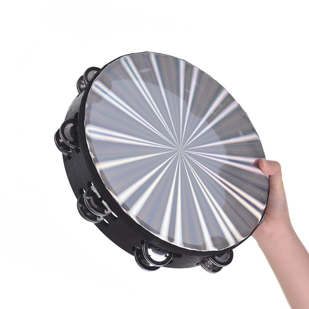 10 Inch Wooden Radiant Tambourine Handbell Hand Drum Double Row Jingles Reflective Drum Head Musical Percussion Instrument hand tambourine wooden hand bells
