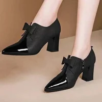 Women Shoes High Heel  New Fashion Bowknot Square Heel Pumps Women Retro Large Size Pointed Shoes for Women Zapatos De Mujer 1