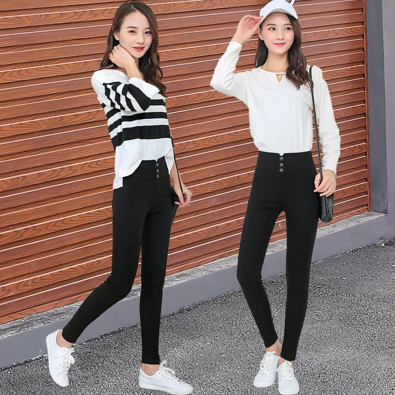 

Women's black Pants Pencil Trousers Spring Fall Button pocke Pants Women Slim Ladies Jean Trousers Female High Waist Pants