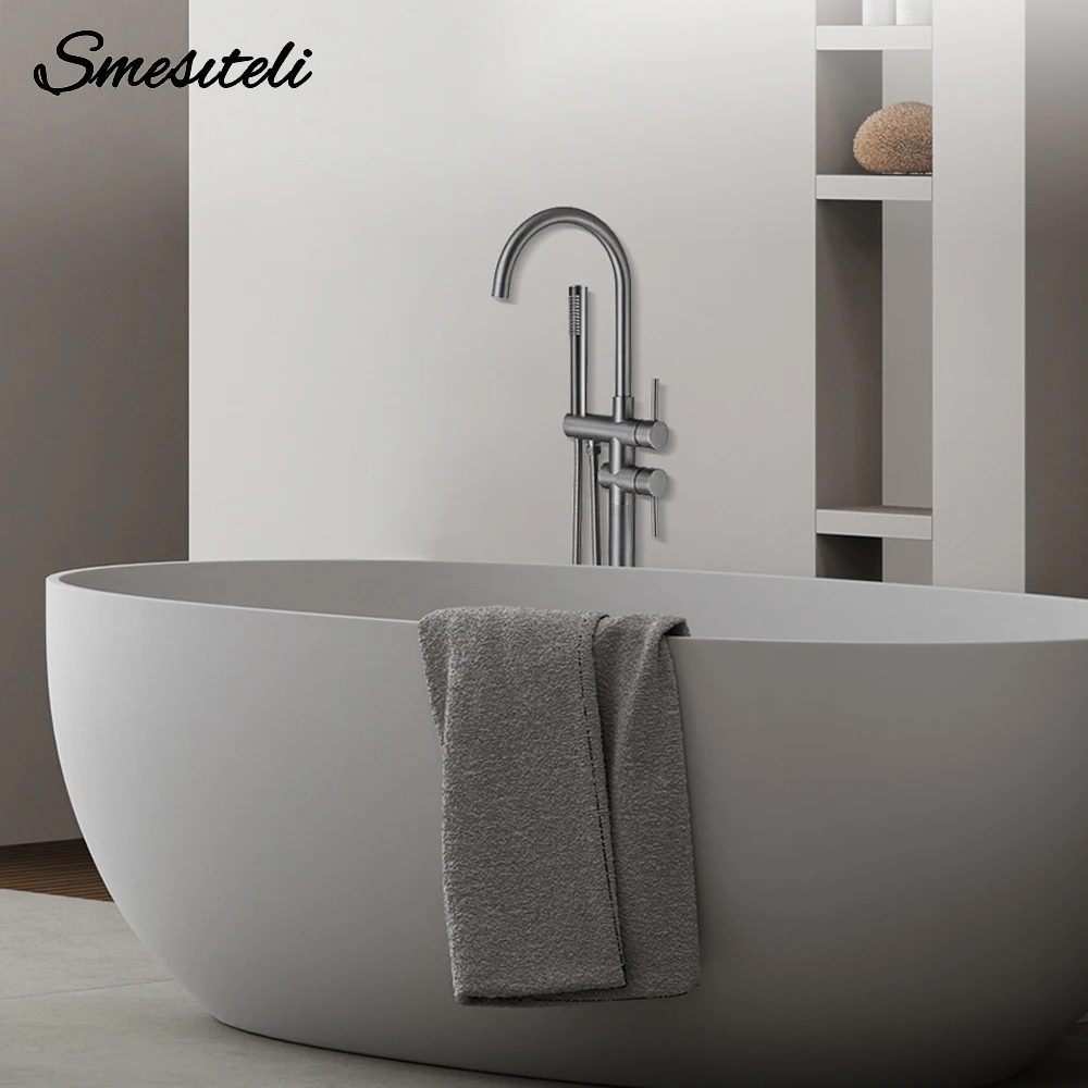 Gunmetal อ่างอาบน้ําอิสระก๊อกน้ําชุดชั้นติดตั้ง Mixer Hot & Cold Shower ระบบ 2 โหมดมือถือ & Round Spout 1