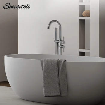 Gunmetal อ่างอาบน้ําอิสระก๊อกน้ําชุดชั้นติดตั้ง Mixer Hot & Cold Shower ระบบ 2 โหมดมือถือ & Round Spout 1