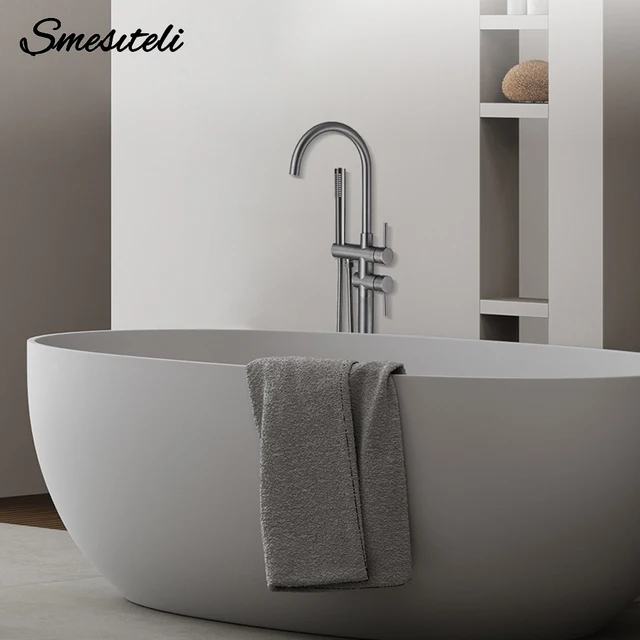 Gunmetal อ่างอาบน้ําอิสระก๊อกน้ําชุดชั้นติดตั้ง Mixer Hot & Cold Shower ระบบ 2 โหมดมือถือ & Round Spout 1