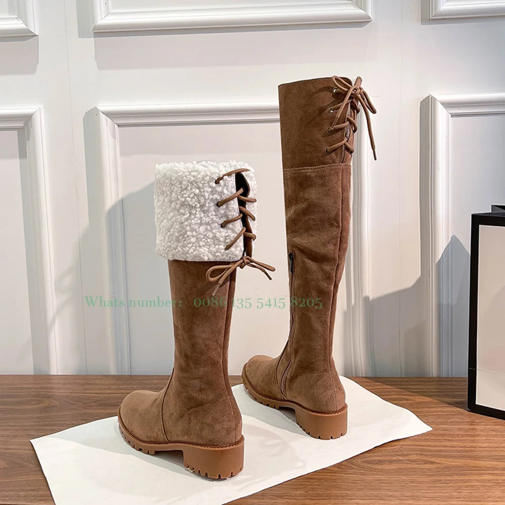 

Lamb Hair Knee Boots for Women 2023 New Retro Warm Thin Boots with Long Legs and Cotton Snow Boots Solid Round Toe Block Heels