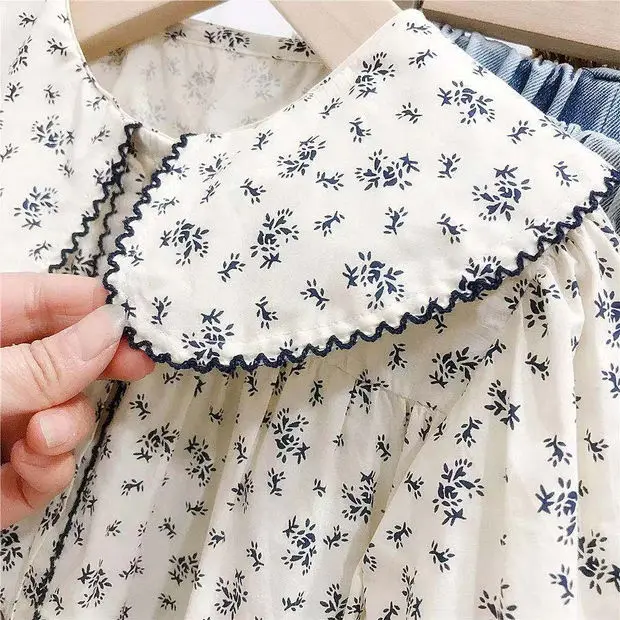 Baby Girls Shirts Floral Long Sleeve Peter Pan Collar Cute Autumn New Korean Style Kids Blouses Clothes