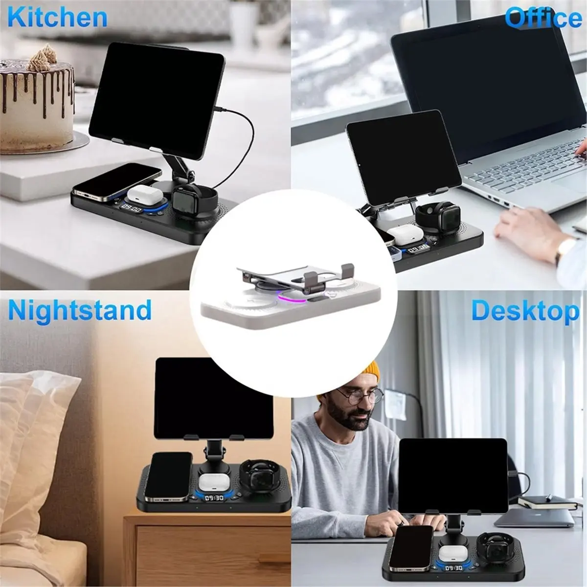 A32I 6 in 1 무선 충전기(아이패드 스탠드, 시계 및 7색 주변 조명 포함), 아이폰/아이워치/에어팟용 충전기 화이트