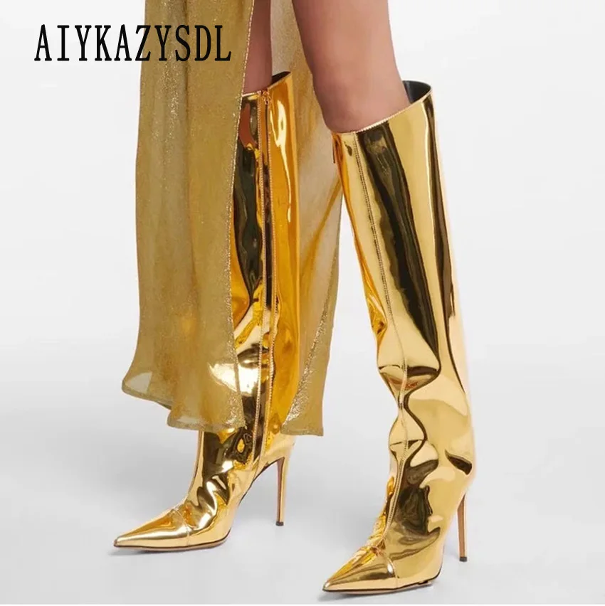 

AIYKAZYSDL Spring Autumn Gold Silver Knee High Boots Punk Gothic Shoes Stilettos Pointed Toe Long Boots Glossy Zapatos mujer