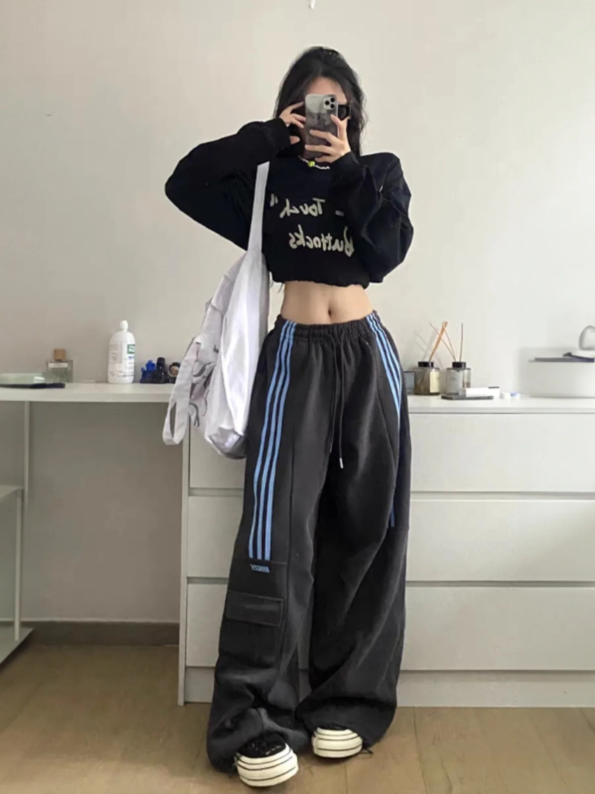 MEXZT Oversized Striped Sweatpants Women Y2K Streetwear Cargo Pants Harajuku Wide Leg Joggers High Waist Baggy Sports Trousers 3