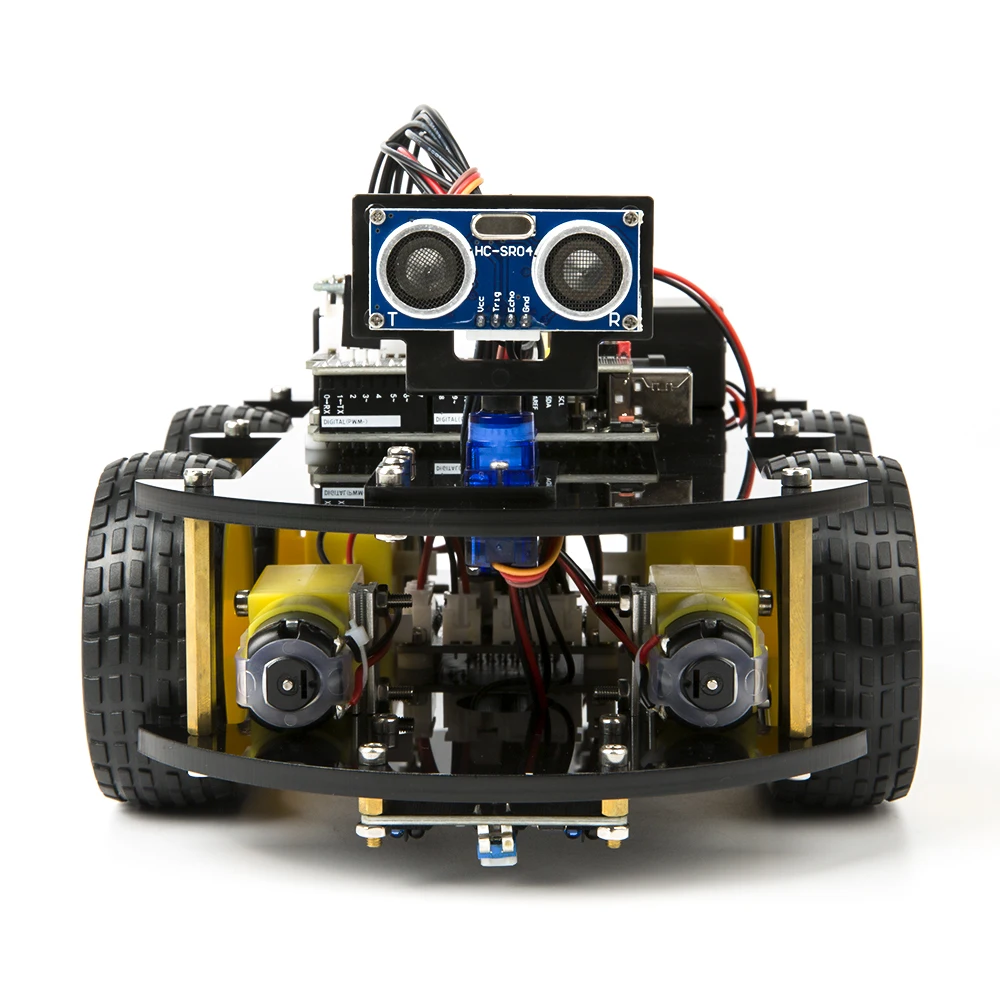 Détail des roues motrices et du châssis du Kit Robot Voiture 4WD Compatible Arduino, prêt pour la programmation.