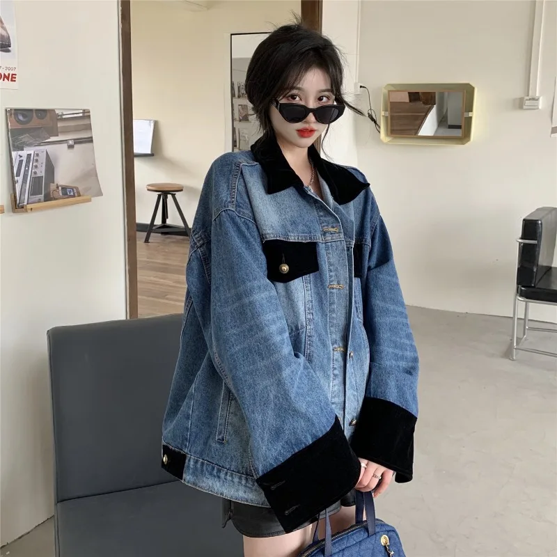 Denim Jacket Women Autumn and Winter Contrasting Lapel Patchwork Jacket Long Sleeved Top