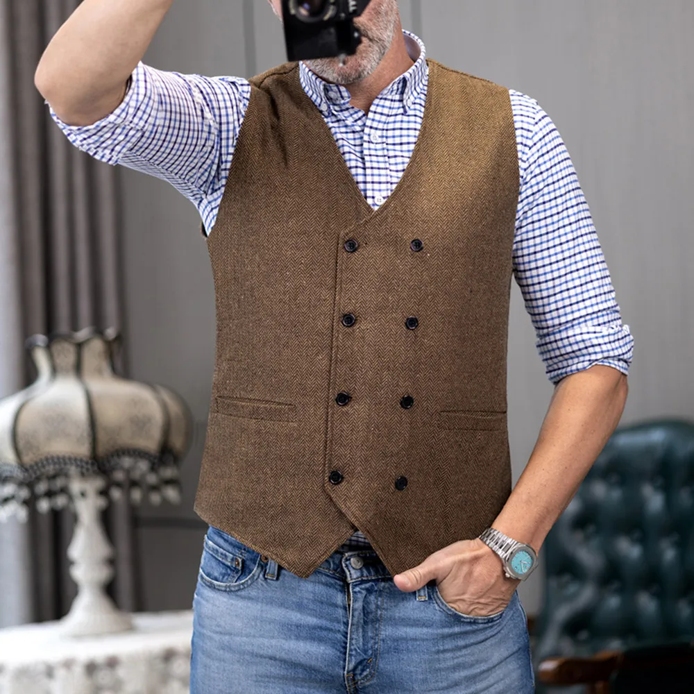 Dress Vests Men's V Neck Suit Waistcoats Herringbone Wool Tweed Double Breasted Tuxedo Groomsmen For Wedding