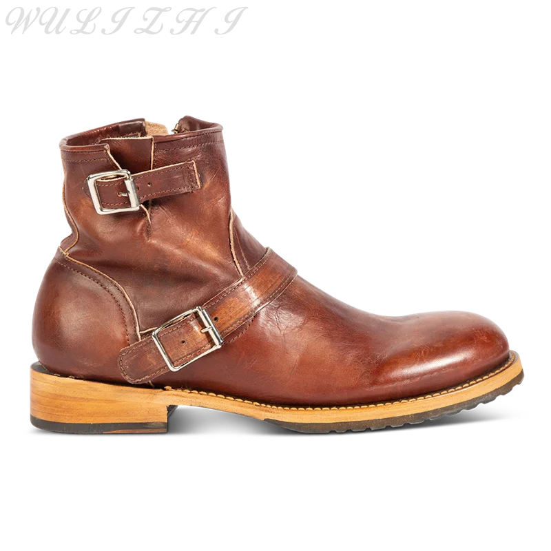 

Tan Belt Buckle Ankle Boots Men 2023 Punk Style Non-Slip Zipper Motorcycle Boots Genuine Leather Comfortable Male Footwear