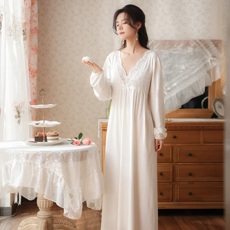 

Women Spring Summer Long Night Dress Sexy Lace V-Neck Vintage Nightgown Simple Pure Cotton White Ankle-Length Nightie Sleepwear