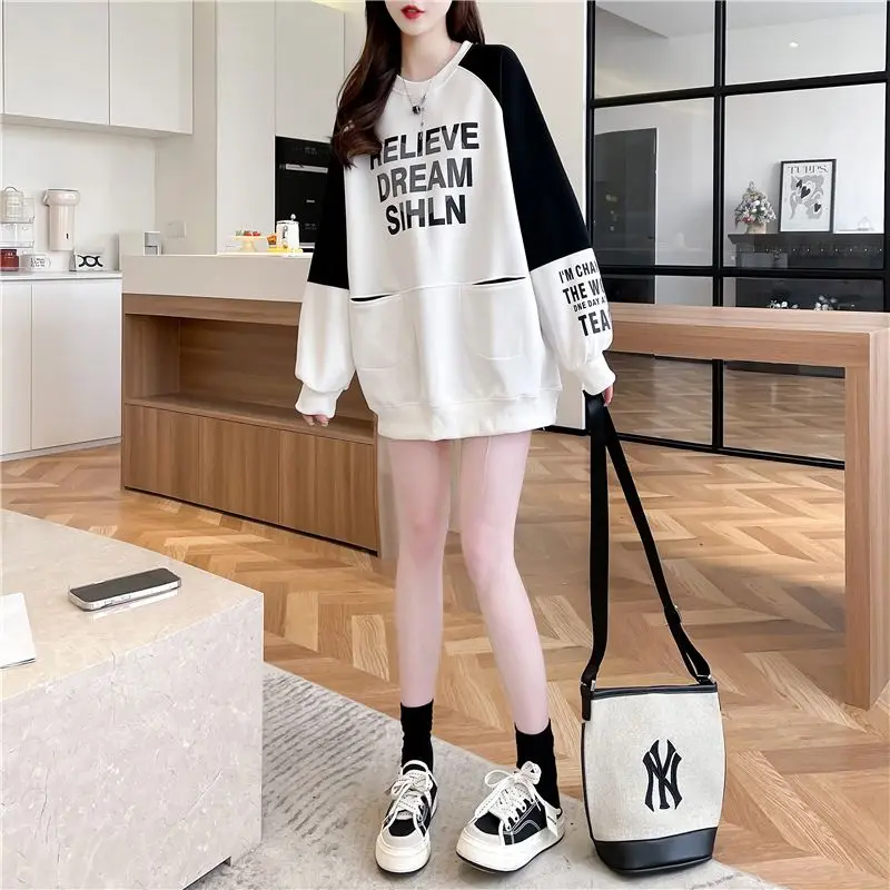 Hoodies Pullover Spring And Autumn Season Patchwork Chubby Loose Thin Sweater Women  Korean Version Loose Mid Length Upper