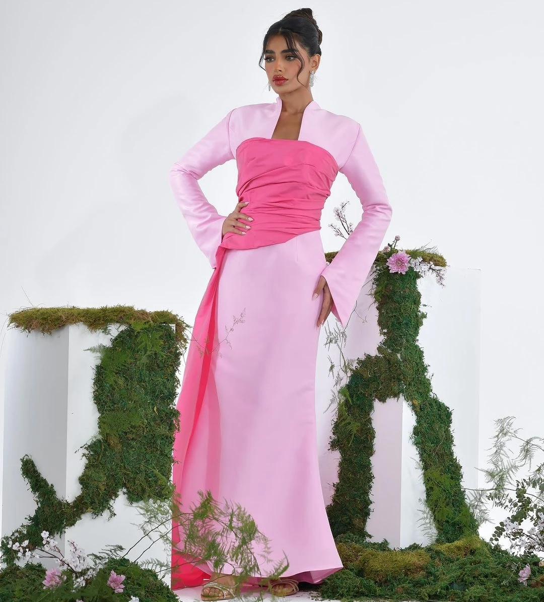 

Fashionvane Contrast Color Prom Dresses Long Sleeves Evening Party Birthday Formal Gowns Ruched Zipper Back Wedding Guest Dress