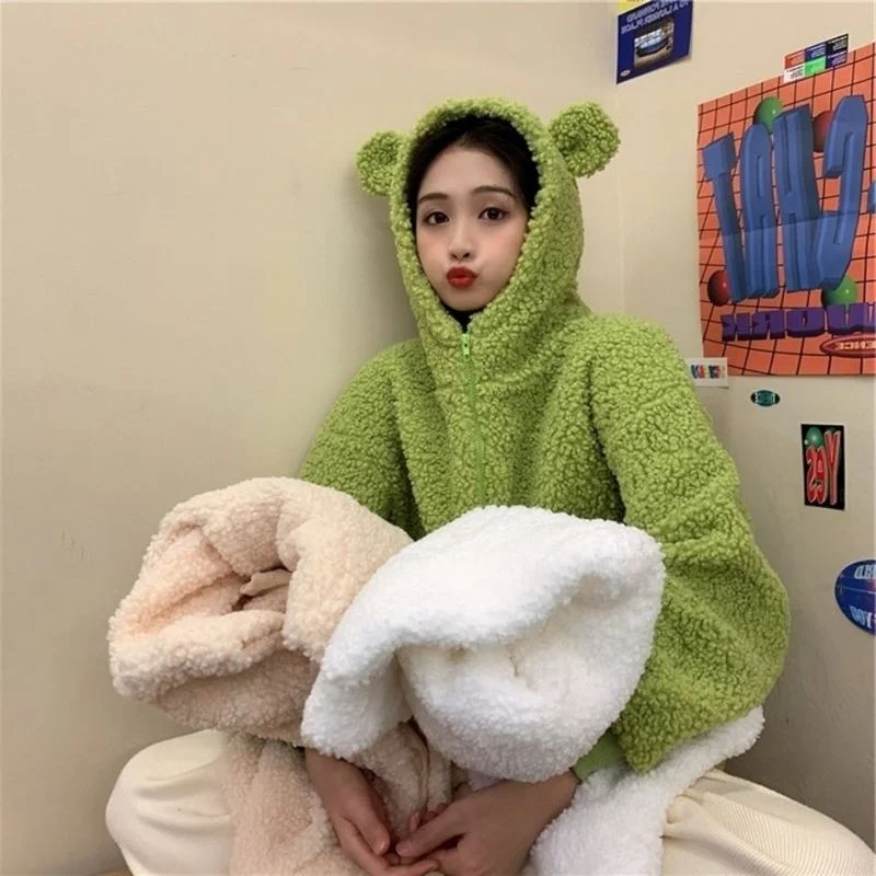 Autumn and Winter Women's Clothing Fashion Cartoon Cute 2022 Fructose Color Loose Thick Warm Lamb Wool Mid-length Coat Women lamb plush coat women s thickened mid length coats 2023 winter korean fashion preppy style oversized solid warm clothing trend