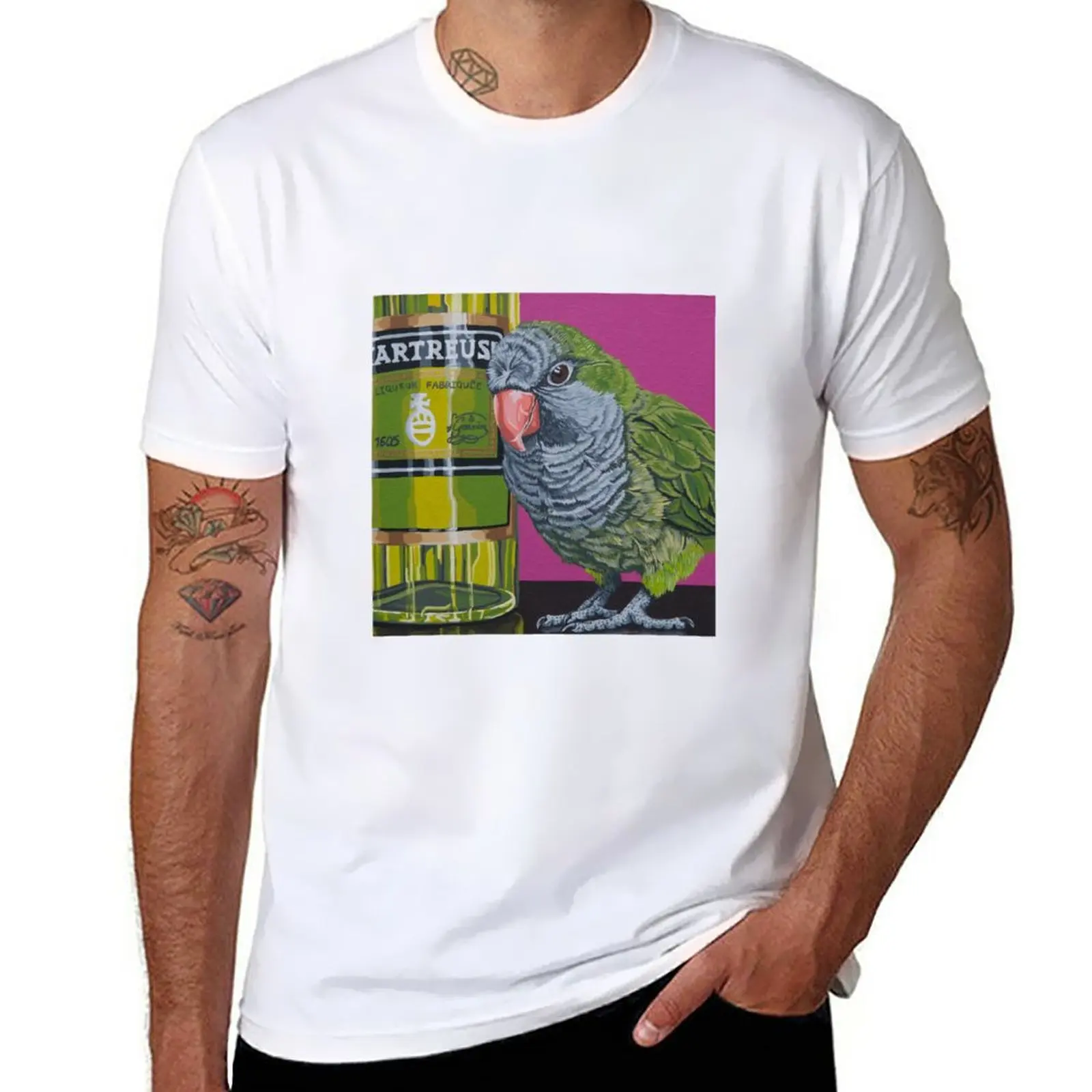 New Quaker Parrot Painting, Chartreuse Liquor Tiki Bar Parrot Cocktail Art T-Shirt Sublime T Shirt Magliette Divertenti Maglietta Da Uomo